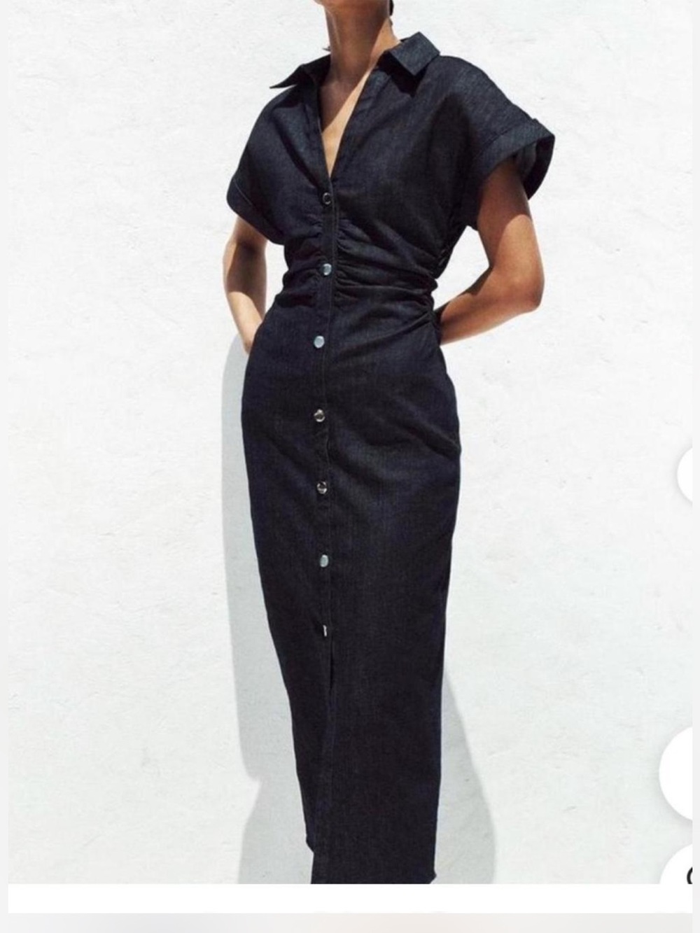 Zara Dark Indigo Button-Front Midi Denim Dress